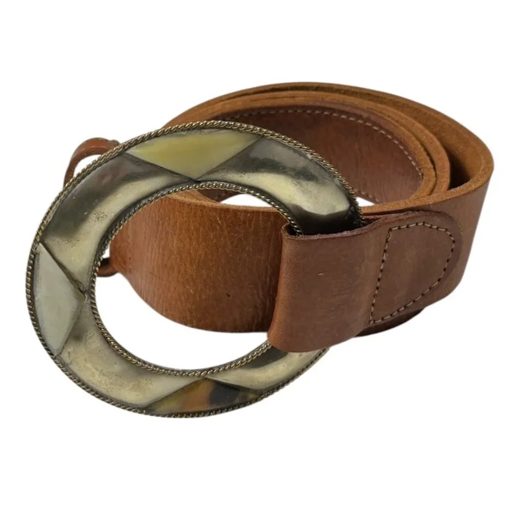 Chico's Genuine Leather Belt Size Medium Tan Statement Buckle Boho Cowgirl